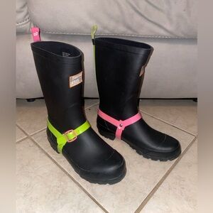 Little Miss Matched Pink, Green, and Black Tall Rubber Rain Boots Size 3